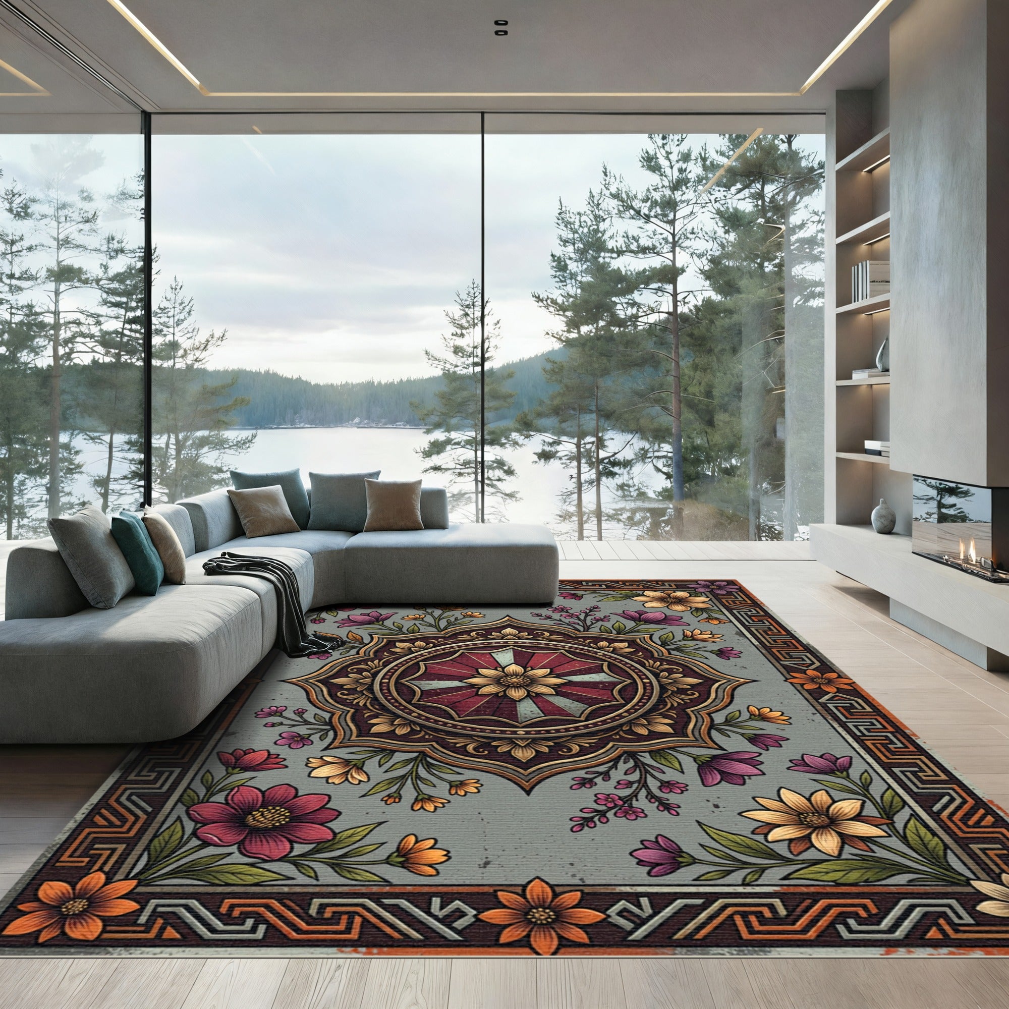 Vintage Floral Medallion Gray Boho Rug