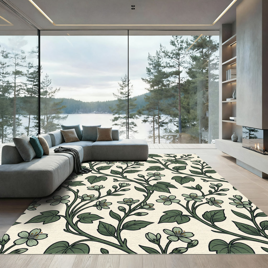 Botanical Sage Blossom Vine Illustration Rug