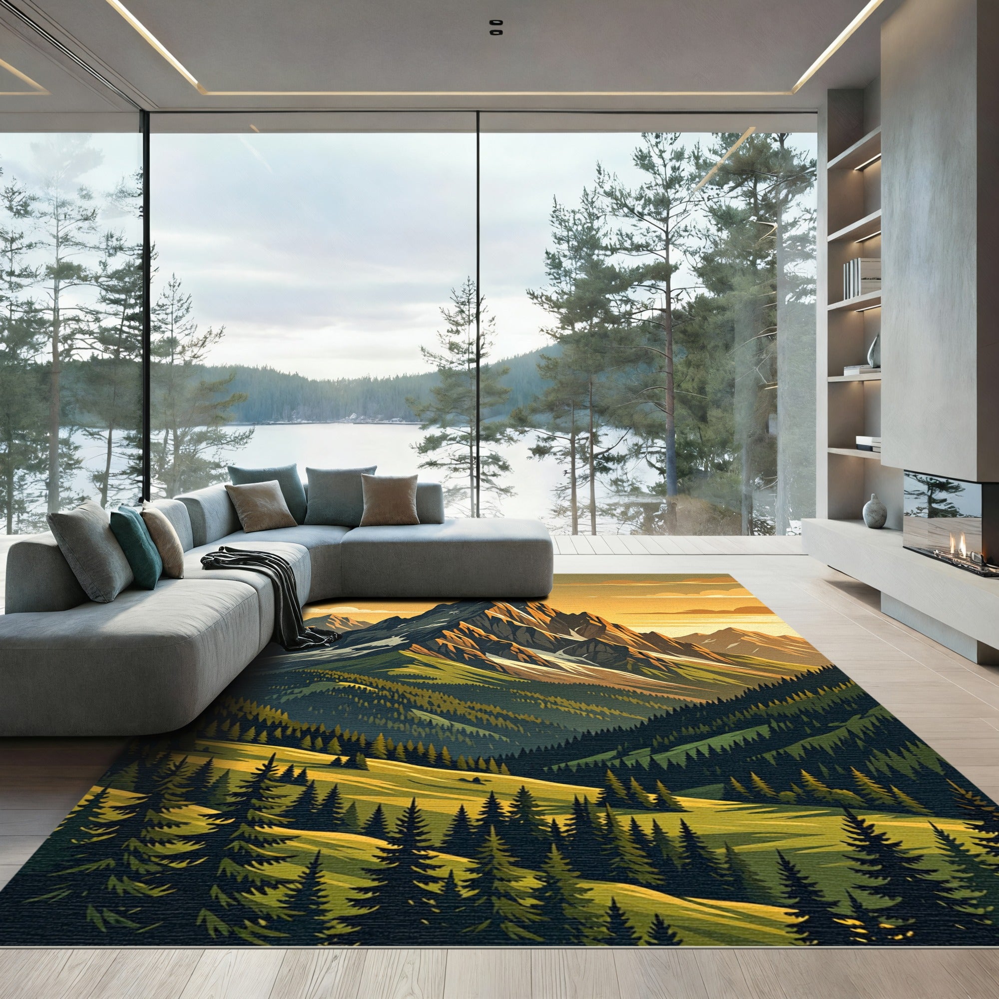Golden Peaks Alpine Forest Landscape Rug