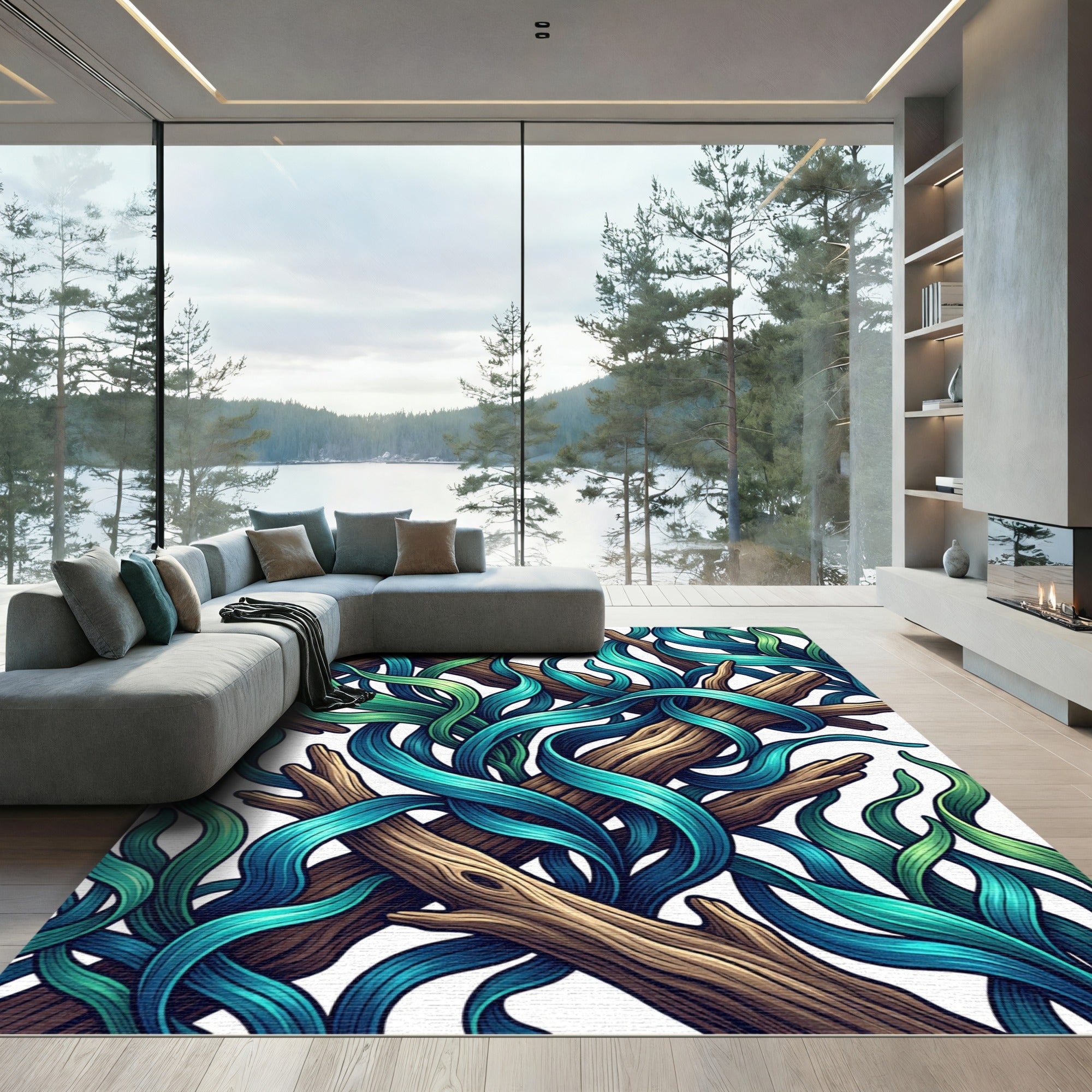 Abstract Teal Kelp and Driftwood Swirls Rug