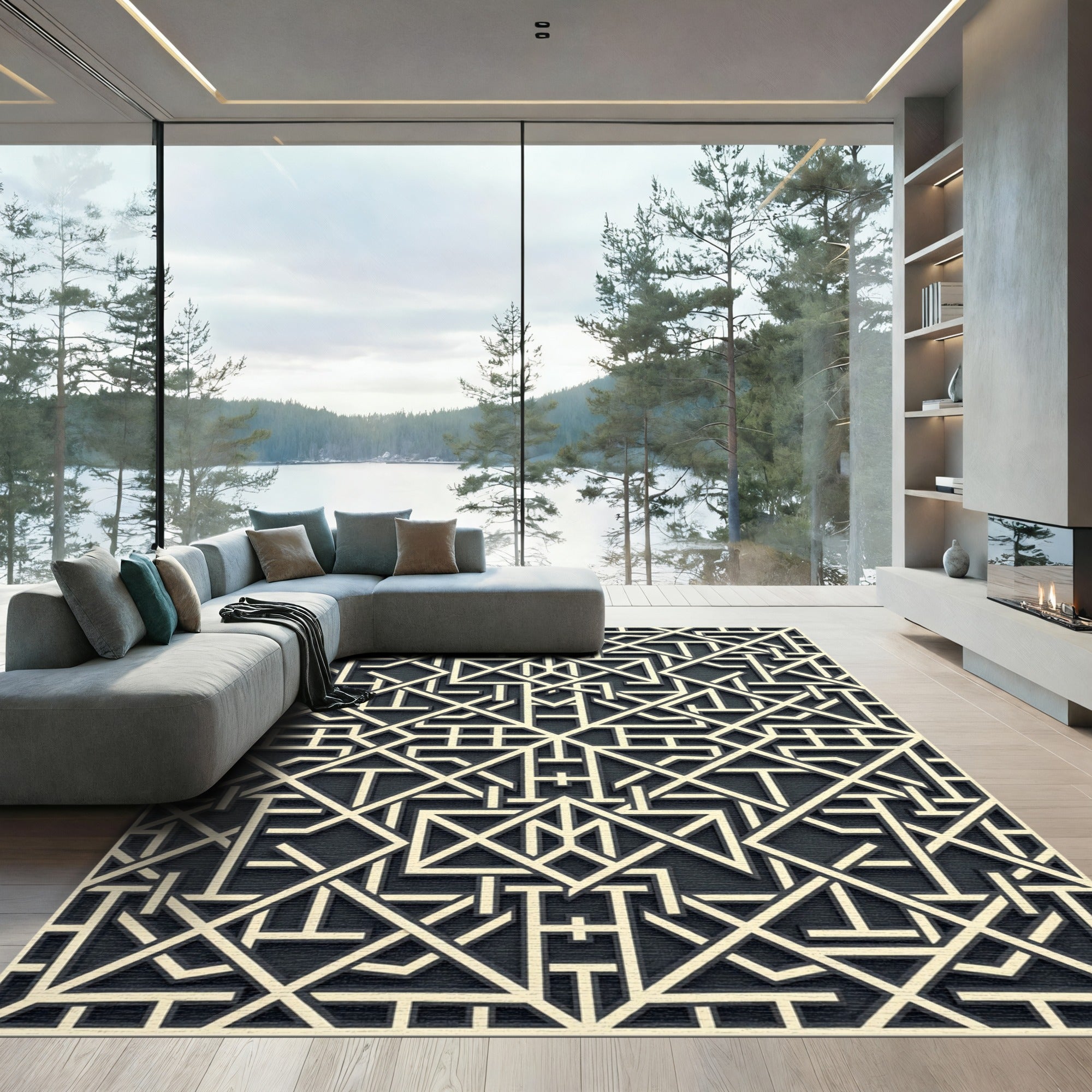 Cream and Charcoal Geometric Maze Rug