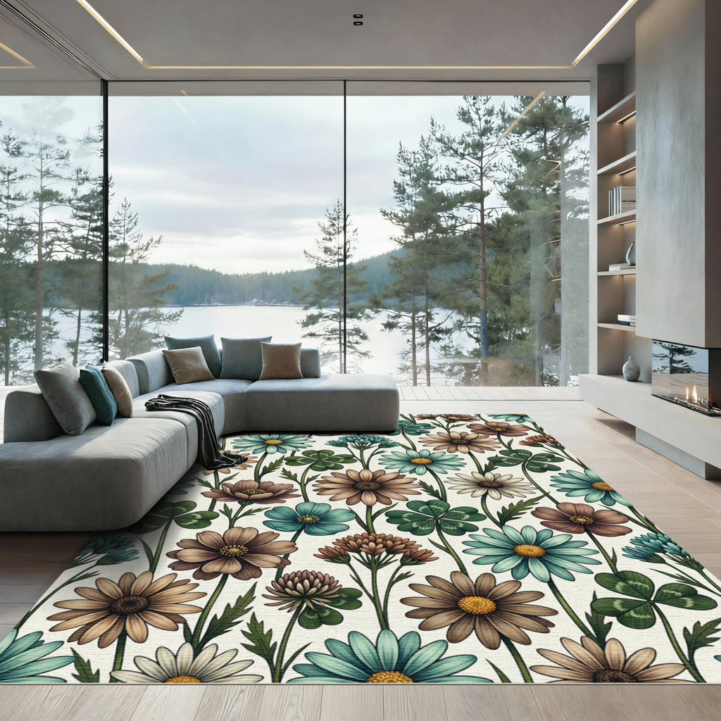Pastel Botanical Clover and Daisy Meadow Rug
