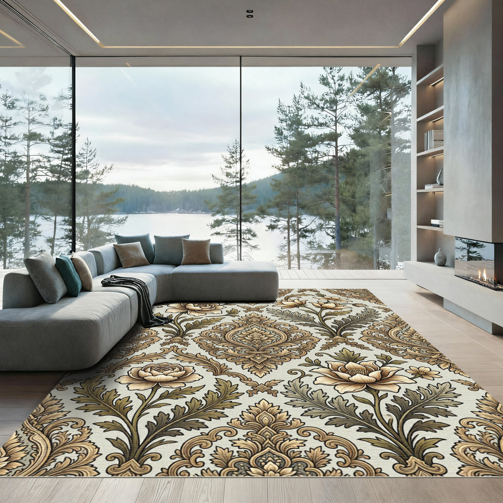Golden Beige Floral Damask Wall Rug