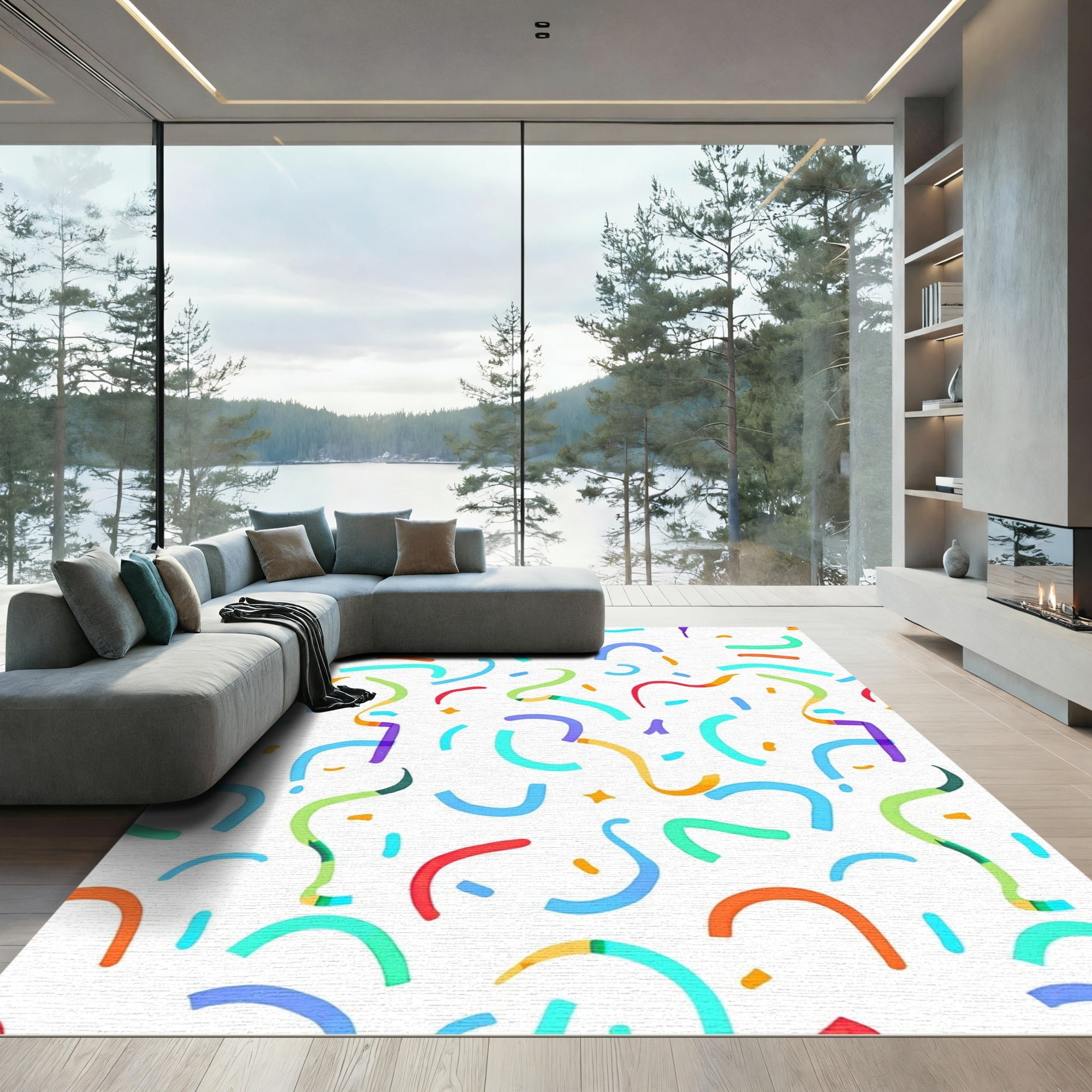 Confetti Whimsical Rainbow Curved Lines Rug