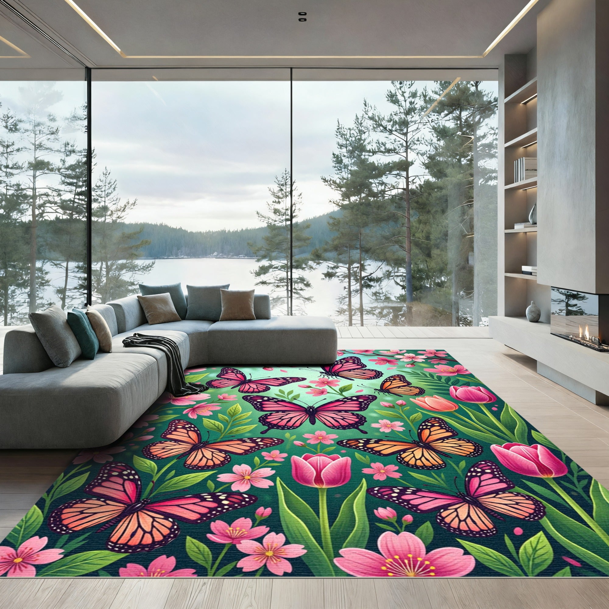 Pink Purple Butterflies Among Tulips Rug