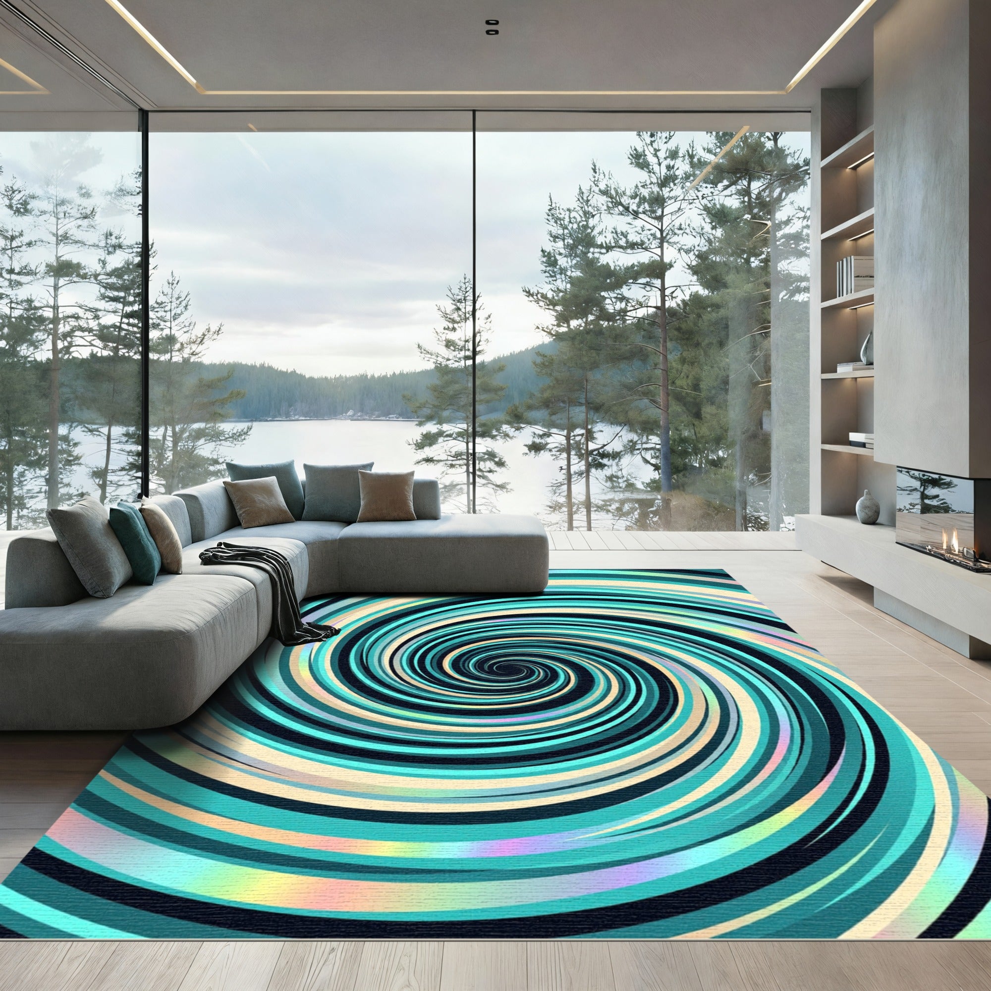 Modern Teal Iridescent Spiral Swirl Rug