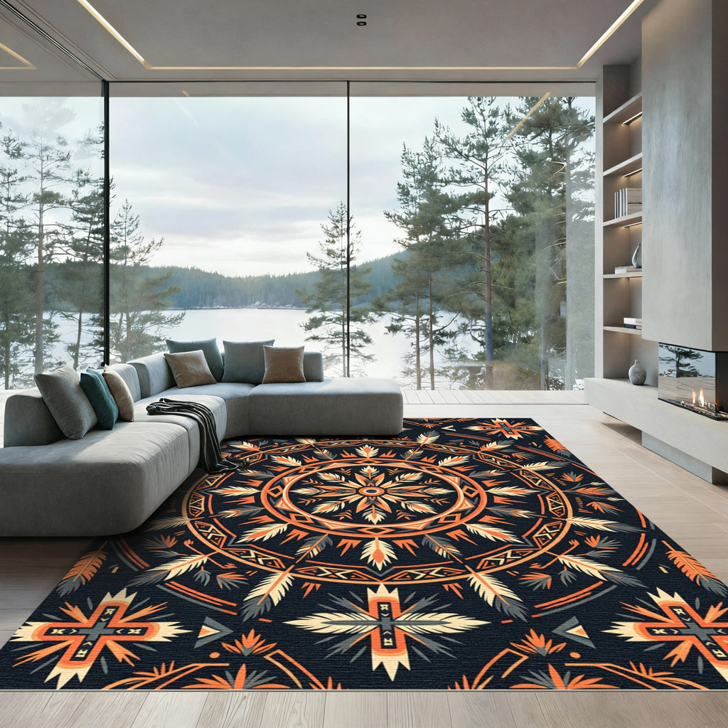Tribal Feather Mandala Geometric Earthy Rug