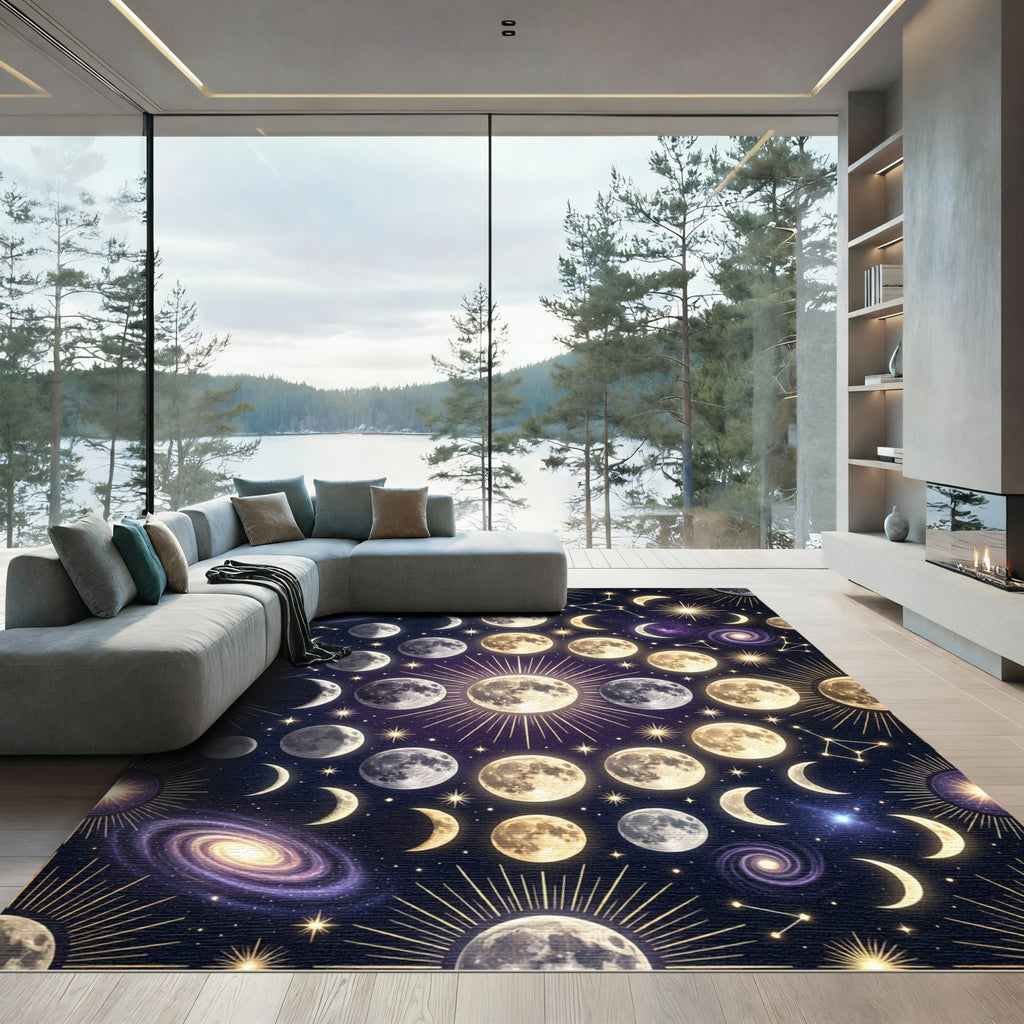 Celestial Moon Phases Spiral Galaxy Rug
