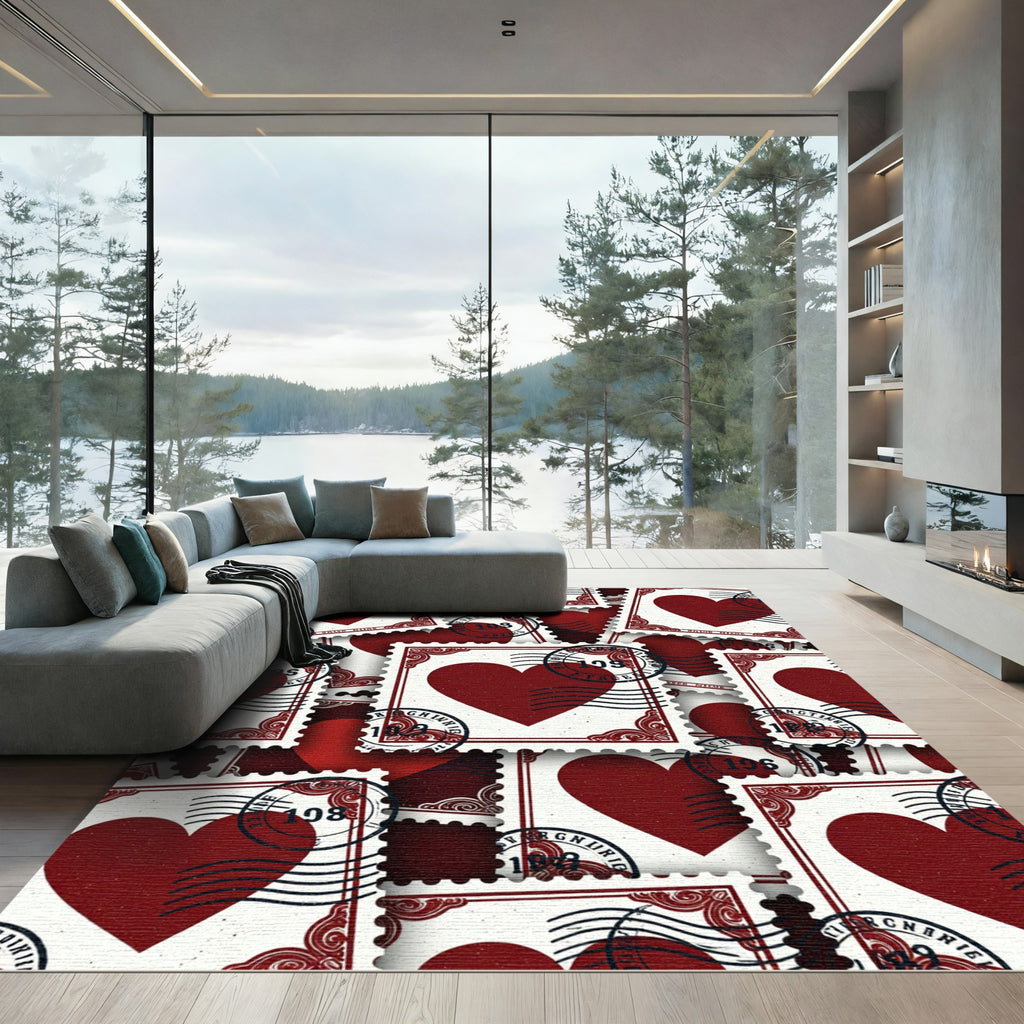 Deep Red Heart Postage Stamp Collage Rug