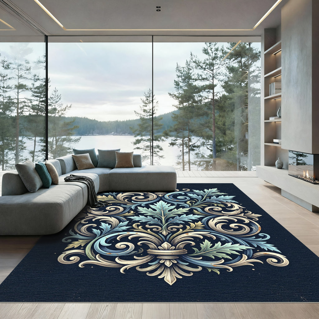 Ornate Blue and Cream Foliate Scroll Rug