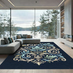 Ornate Blue and Cream Foliate Scroll Rug