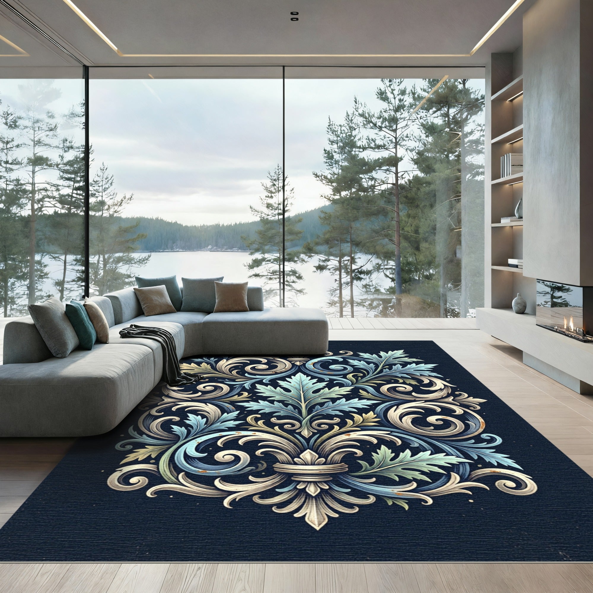 Ornate Blue and Cream Foliate Scroll Rug