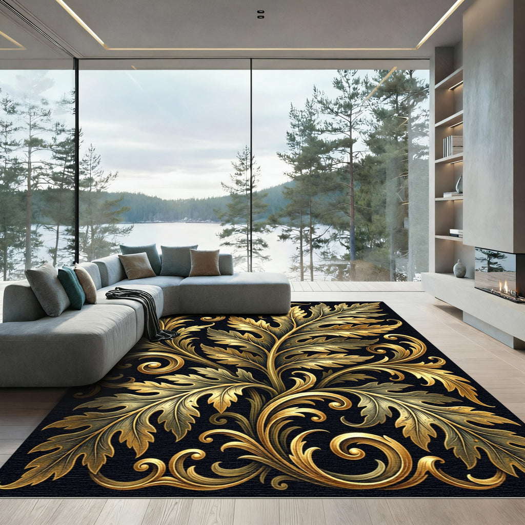 Elegant Golden Acanthus Foliage Scrollwork Rug