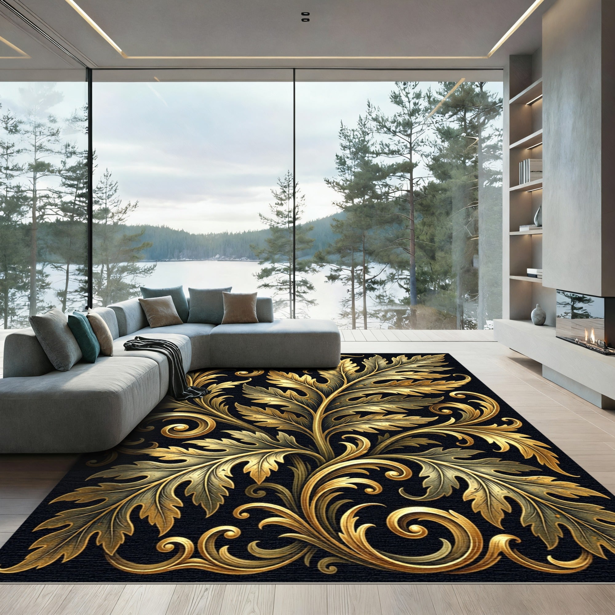 Elegant Golden Acanthus Foliage Scrollwork Rug