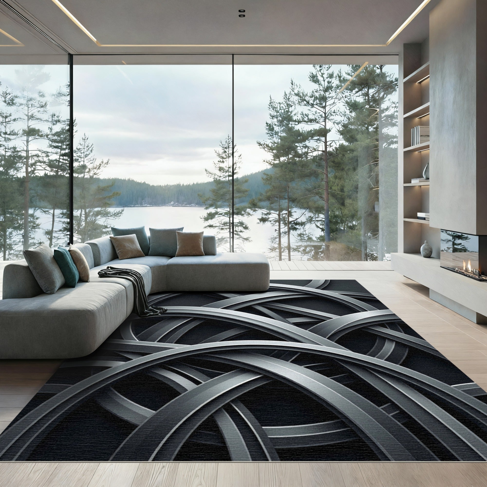 Modern Gray Interlocking Arcs Rug
