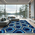 Modern Deep Blue Geometric Hexagon Flow Rug