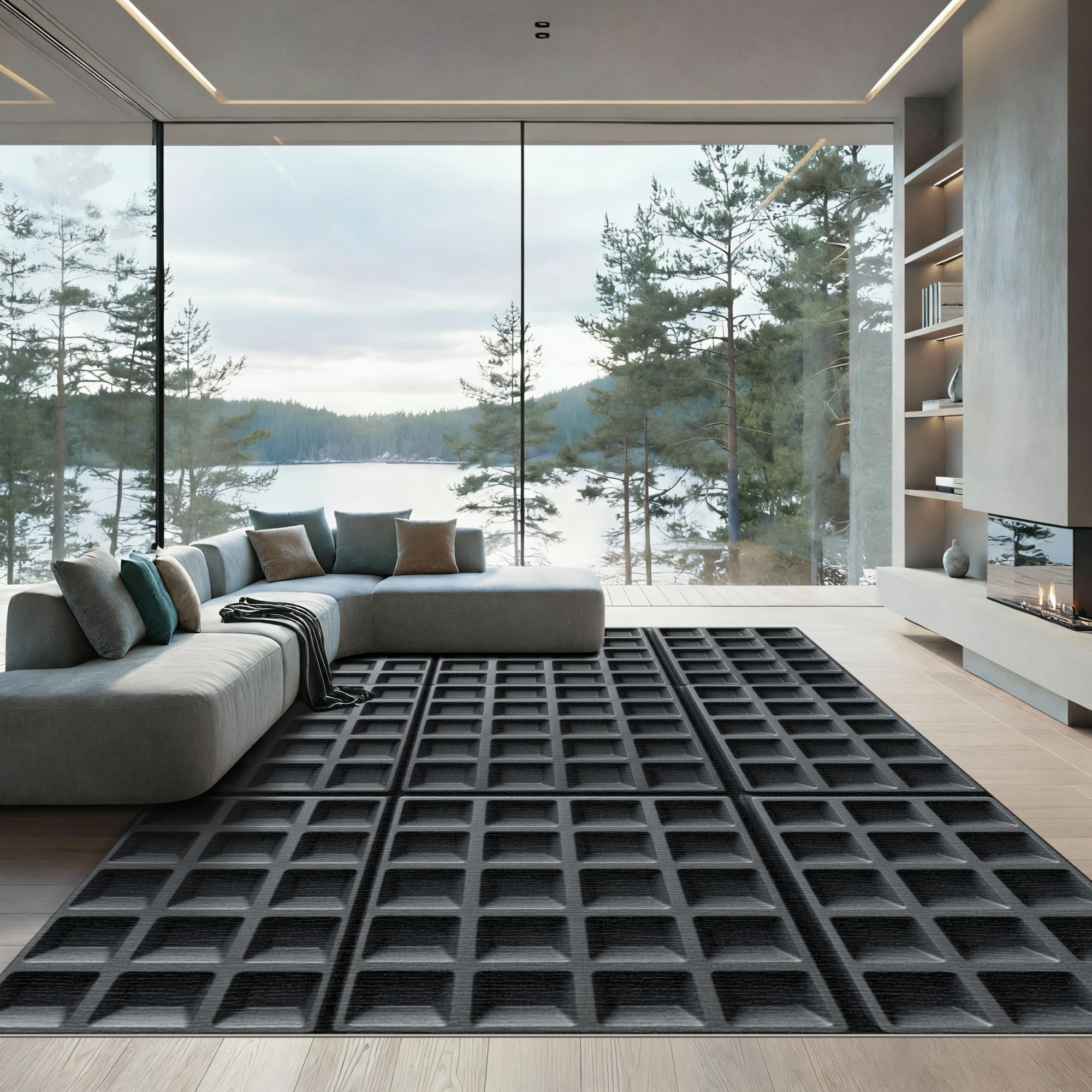 Minimalist Charcoal Structured Grid Square Rug