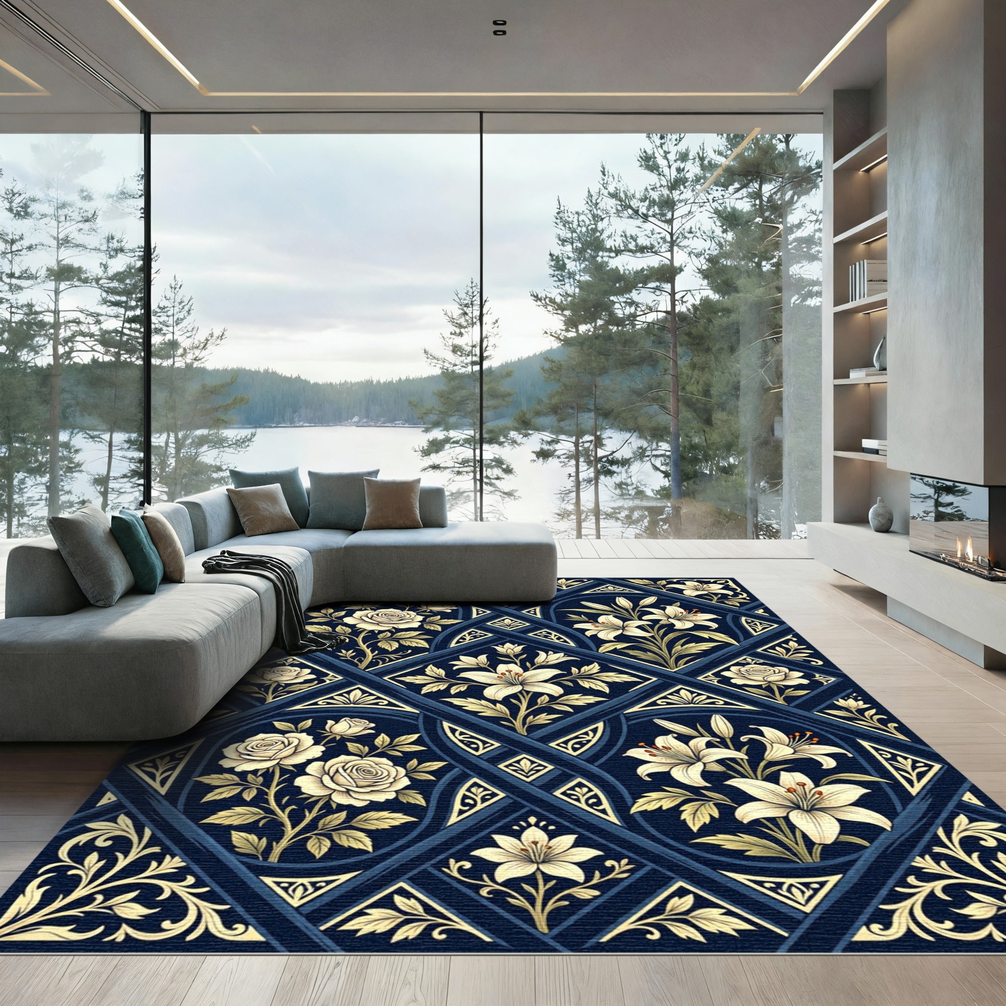 Vintage Navy Floral Lily Rose Rug