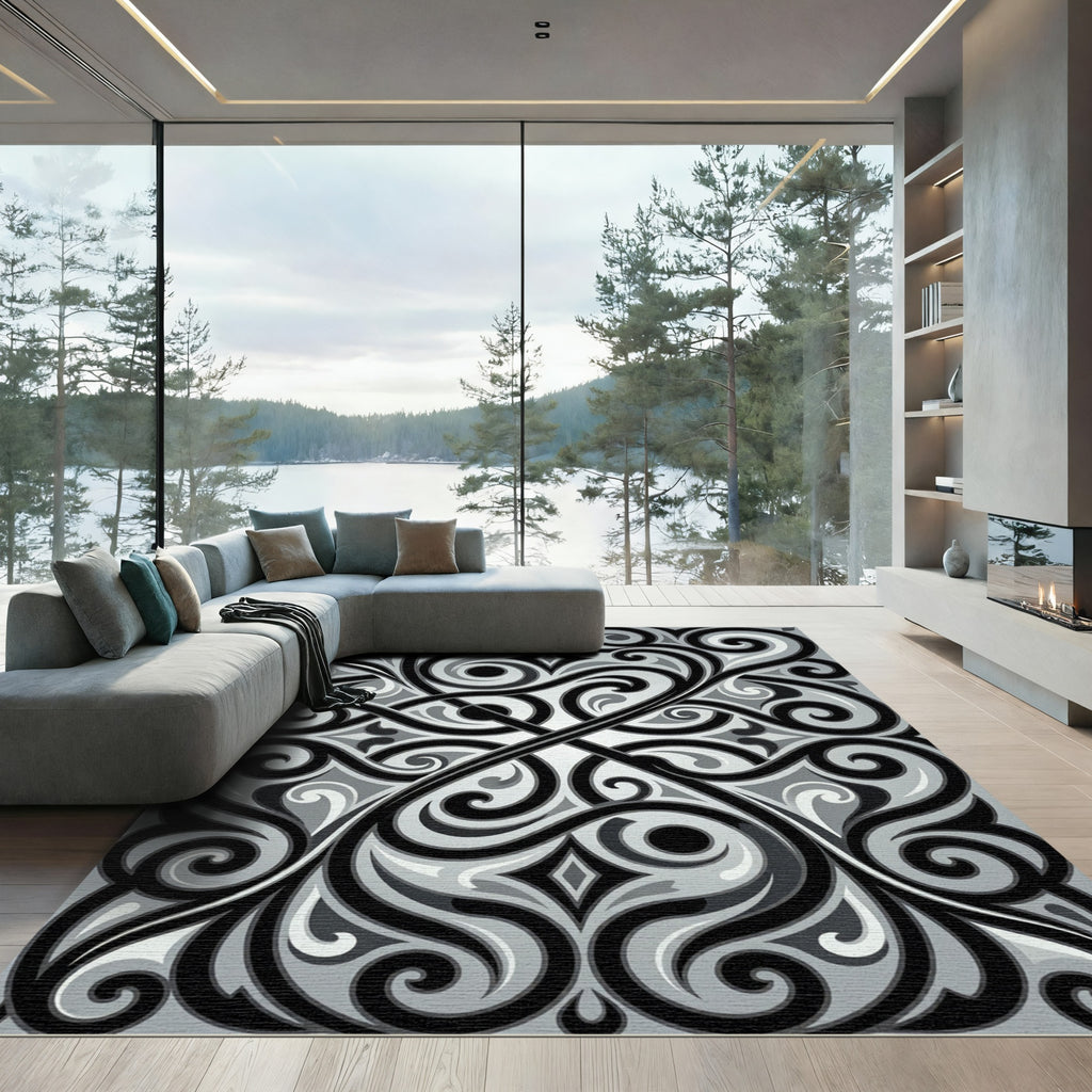 Elegant Monochrome Swirling Scroll Ornament Rug