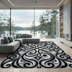Elegant Monochrome Swirling Scroll Ornament Rug