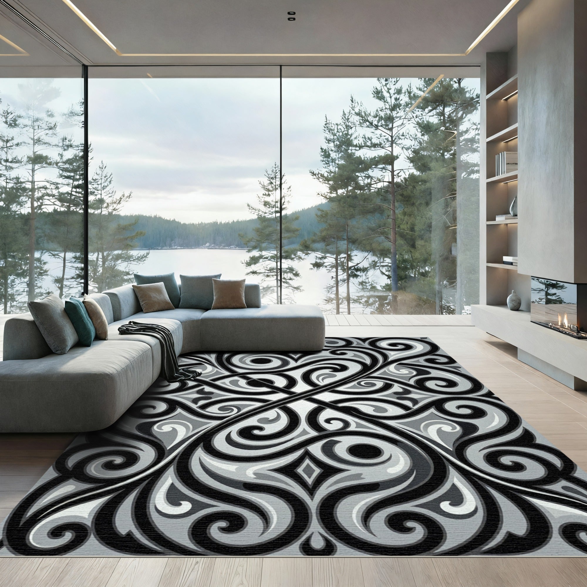 Elegant Monochrome Swirling Scroll Ornament Rug