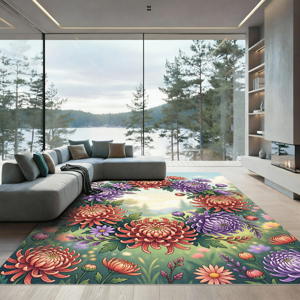 Vibrant Autumn Chrysanthemum Floral Wreath Rug