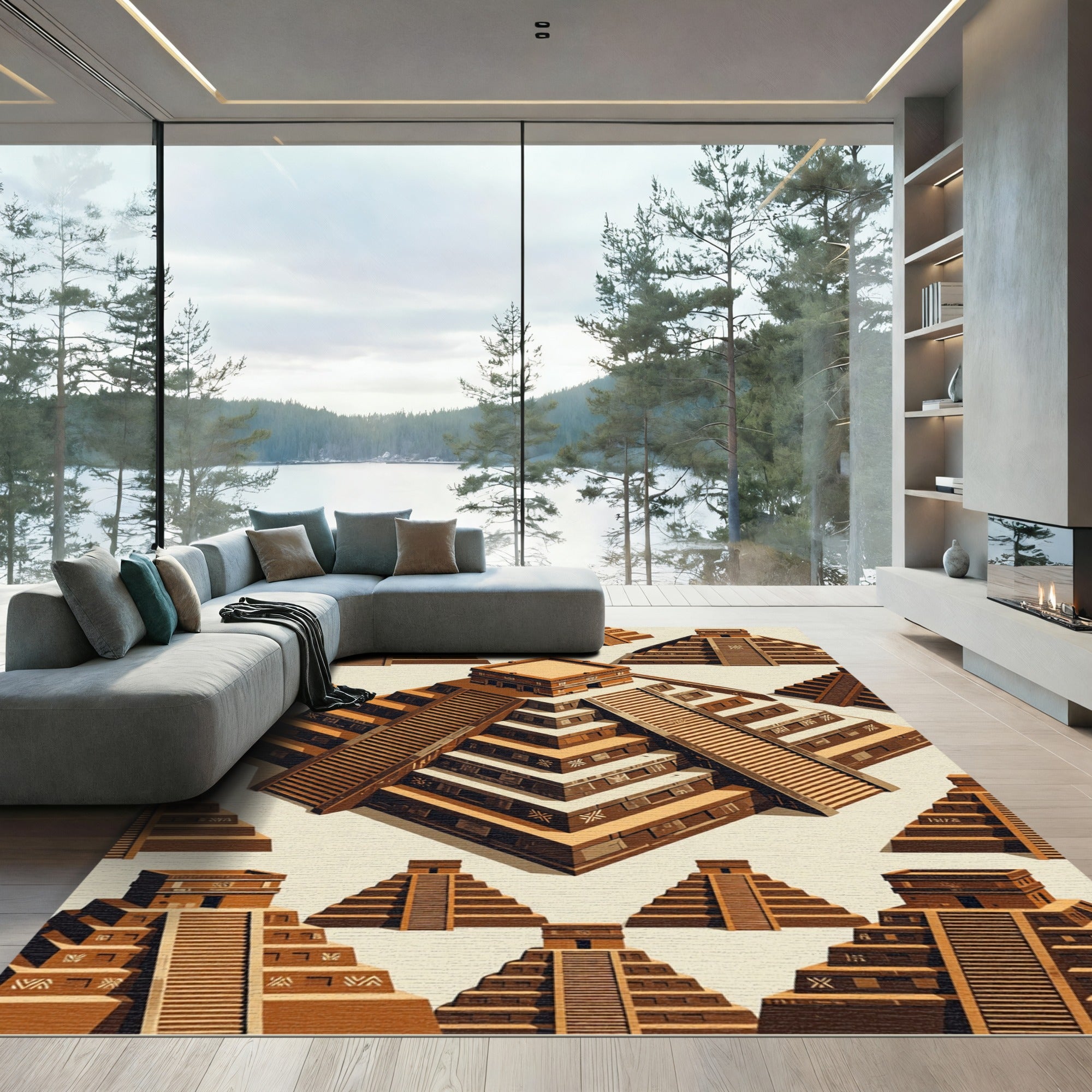 Isometric Mayan Step Pyramid Earthy Tile Rug