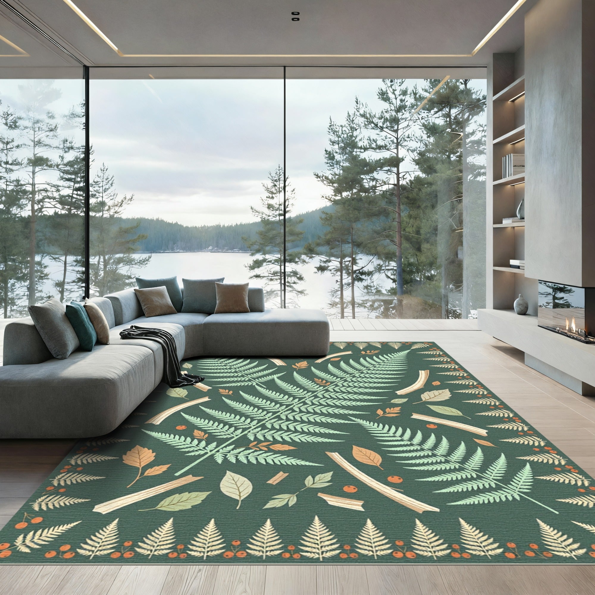 Sage Green Botanical Fern Forest Rug