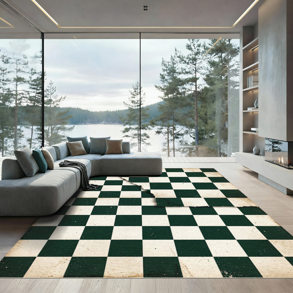 Distressed Dark Green Checkerboard Grid Rug