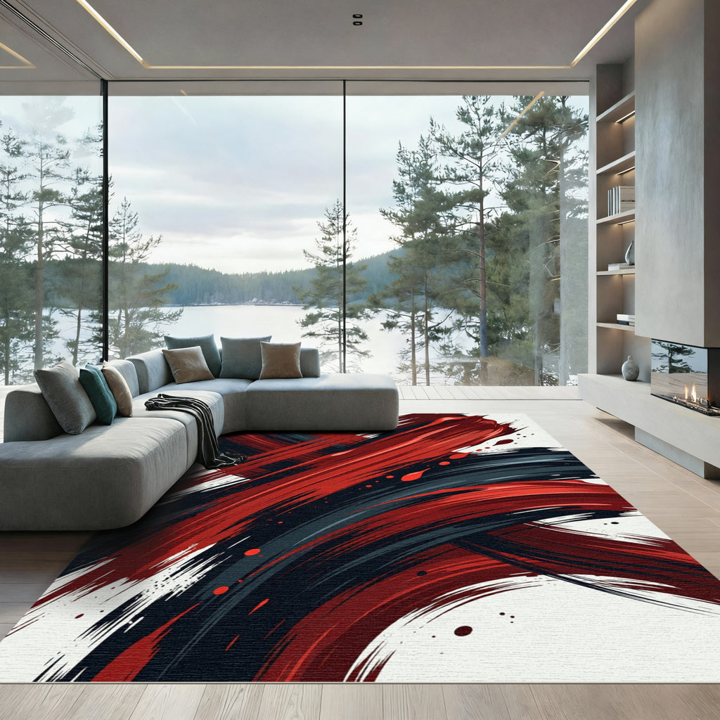 Bold Crimson and Obsidian Abstract Brushstrokes Rug