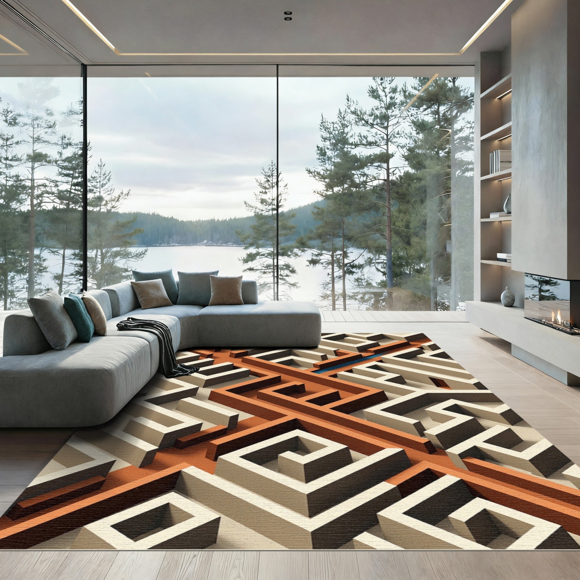 Modern Terracotta Geometric Maze Floor Art Rug