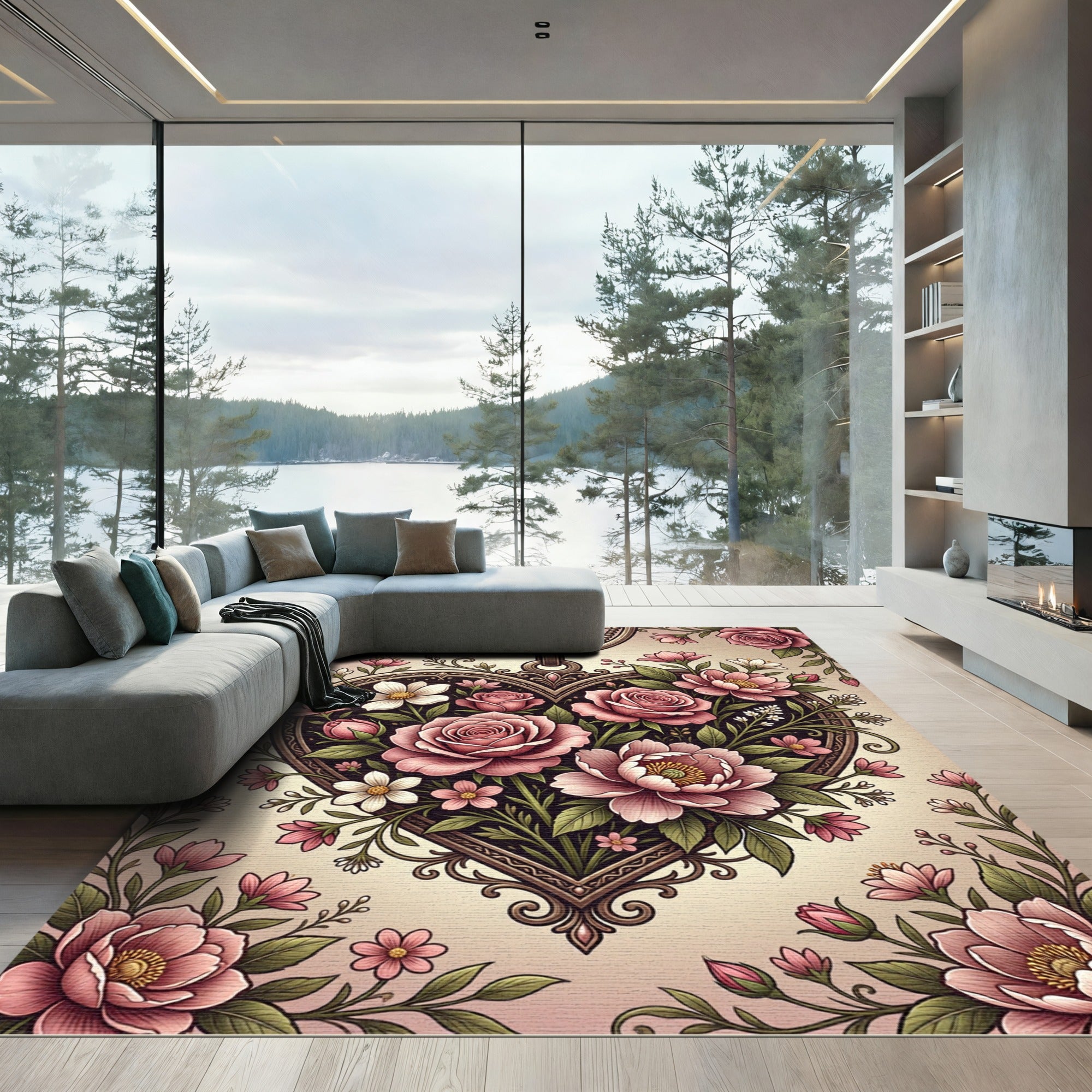 Romantic Pink Heart Floral Medallion Rug