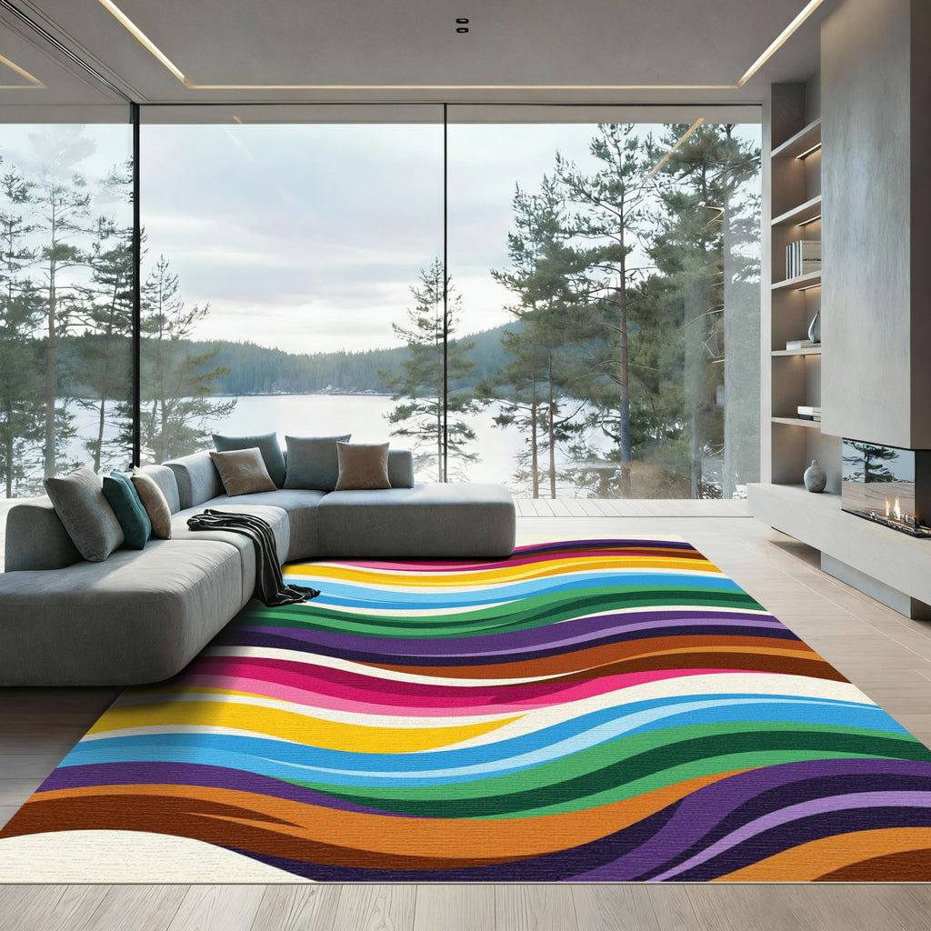Vibrant Rainbow Wave Swirl Rug