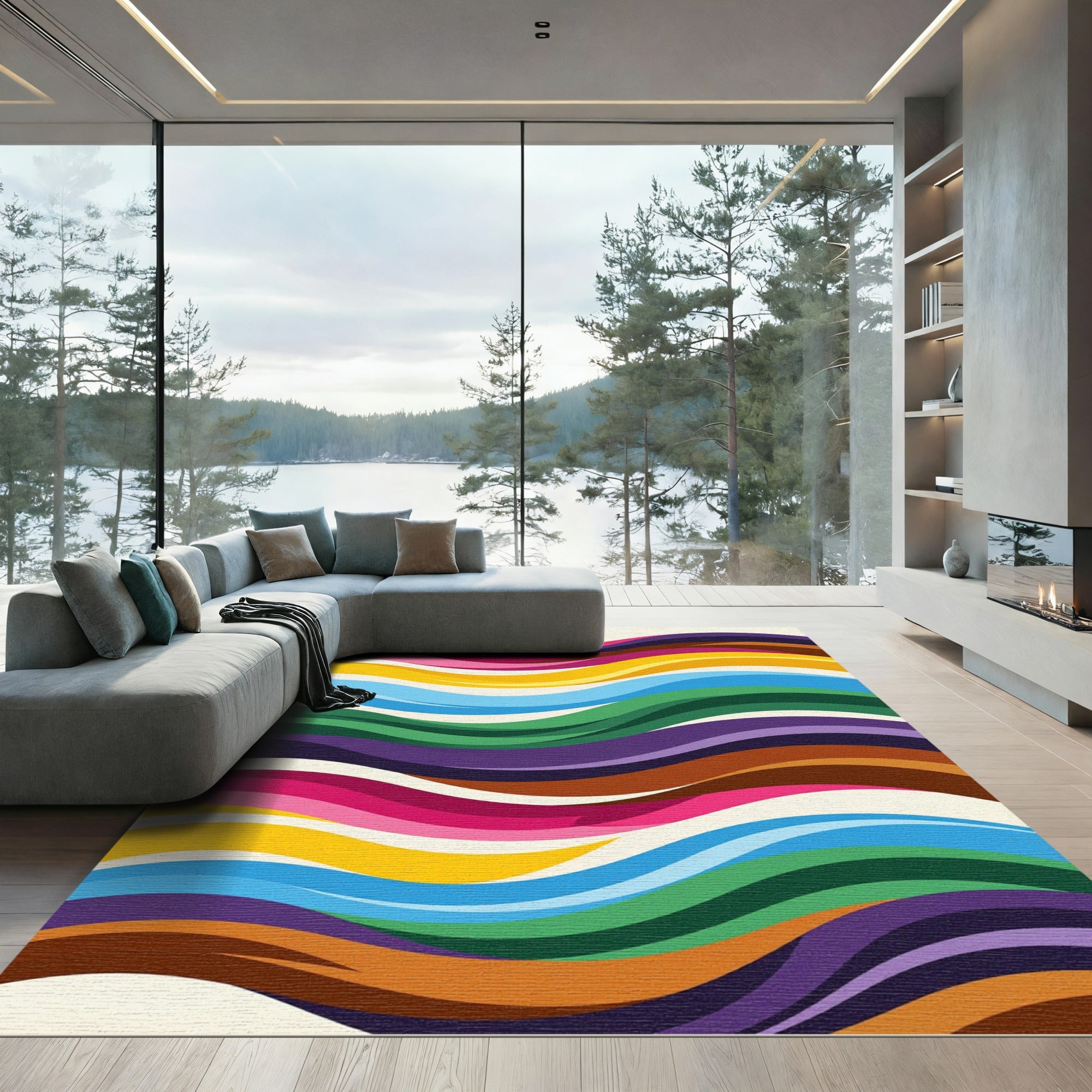 Vibrant Rainbow Wave Swirl Rug
