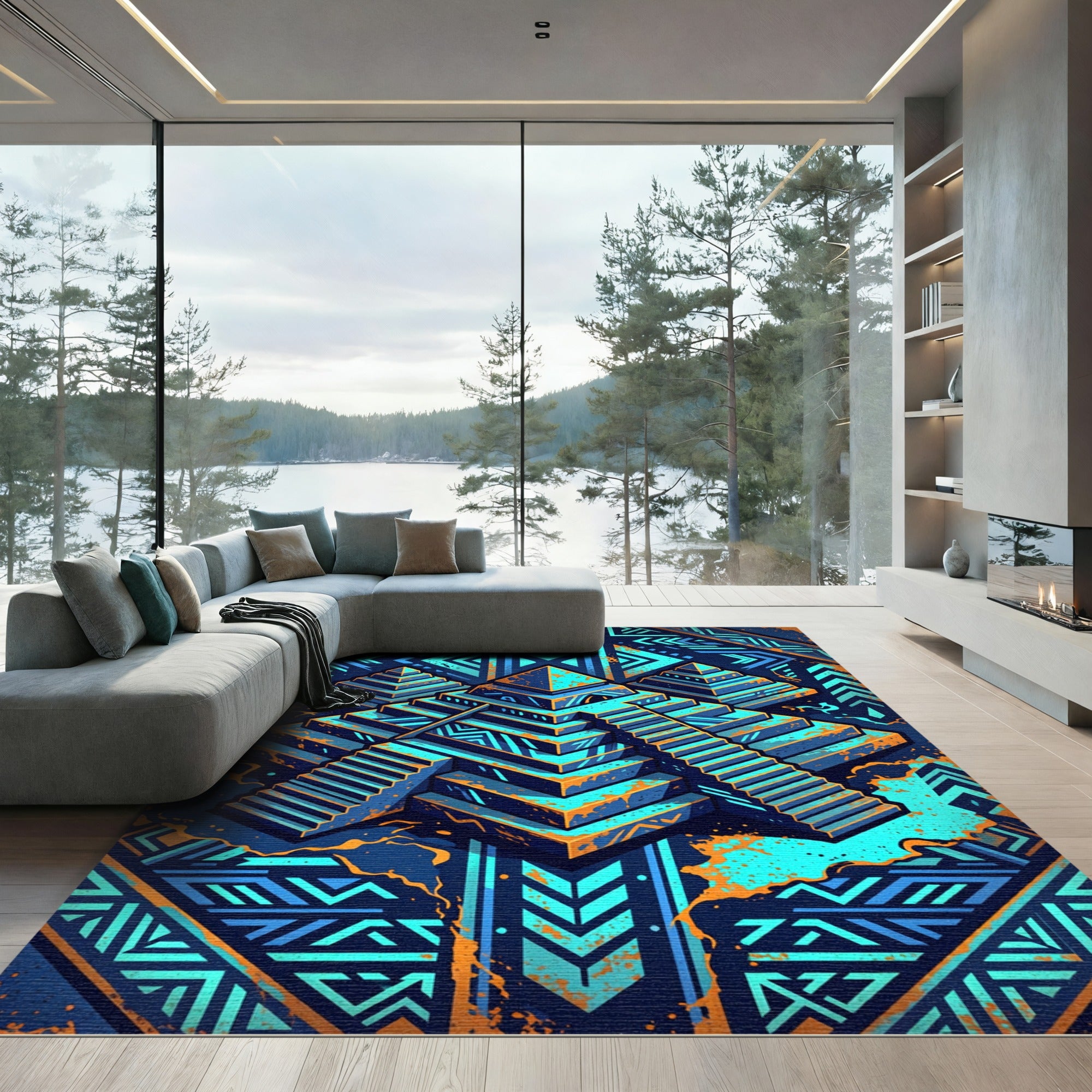 Neon Aztec Pyramid Geometric Vivid Tapestry Rug