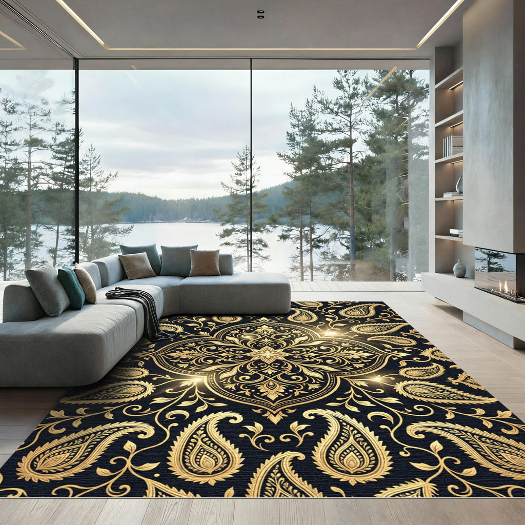 Elegant Golden Paisley Black Damask Rug