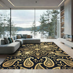 Elegant Golden Paisley Black Damask Rug