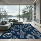 Navy Blue Botanical Cactus Silhouette Rug