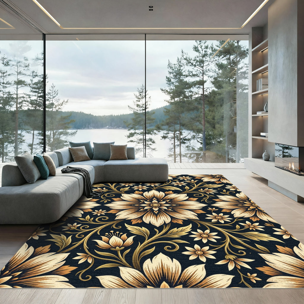 Golden Floral Scroll on Navy Rug