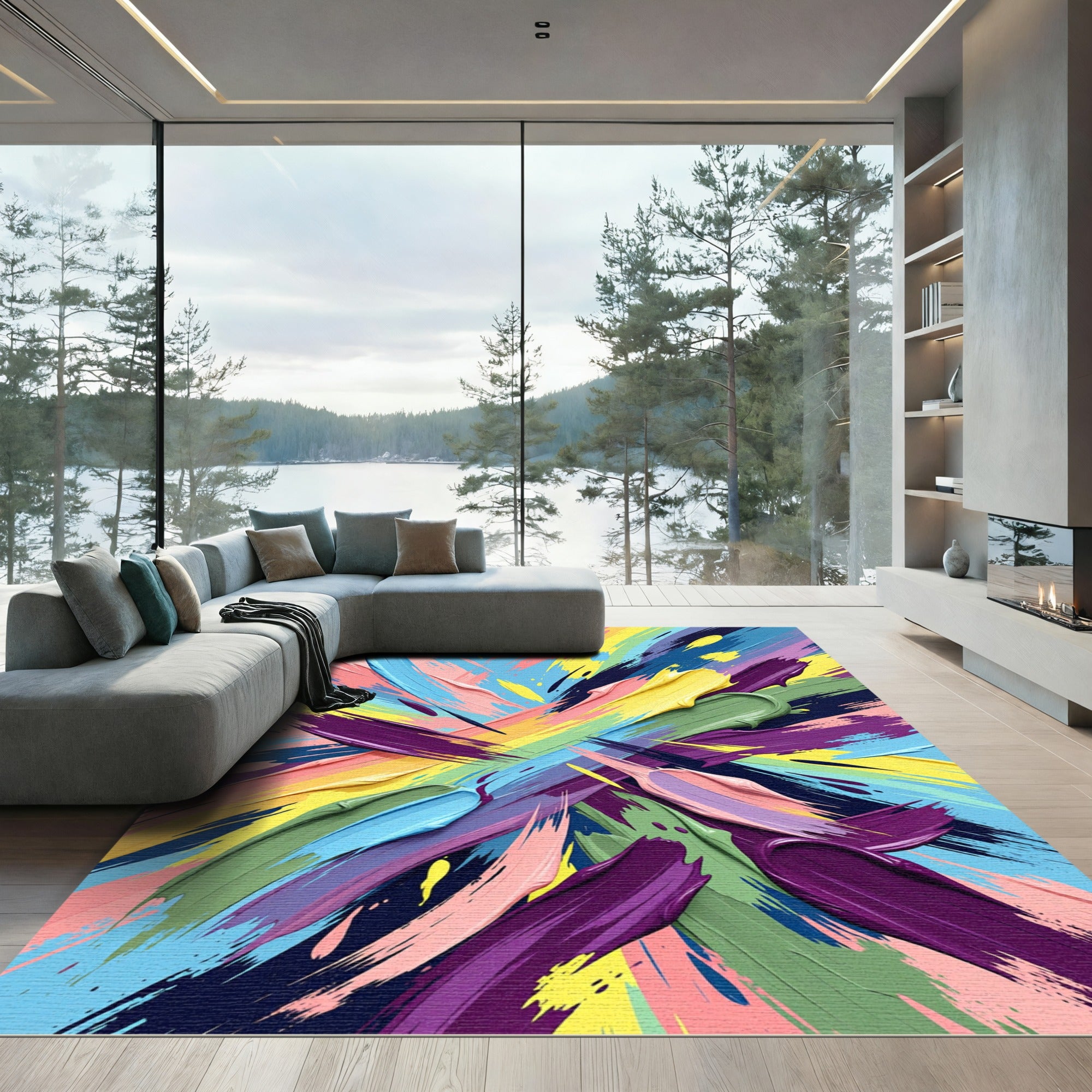 Vibrant Rainbow Brushstroke Explosion Rug