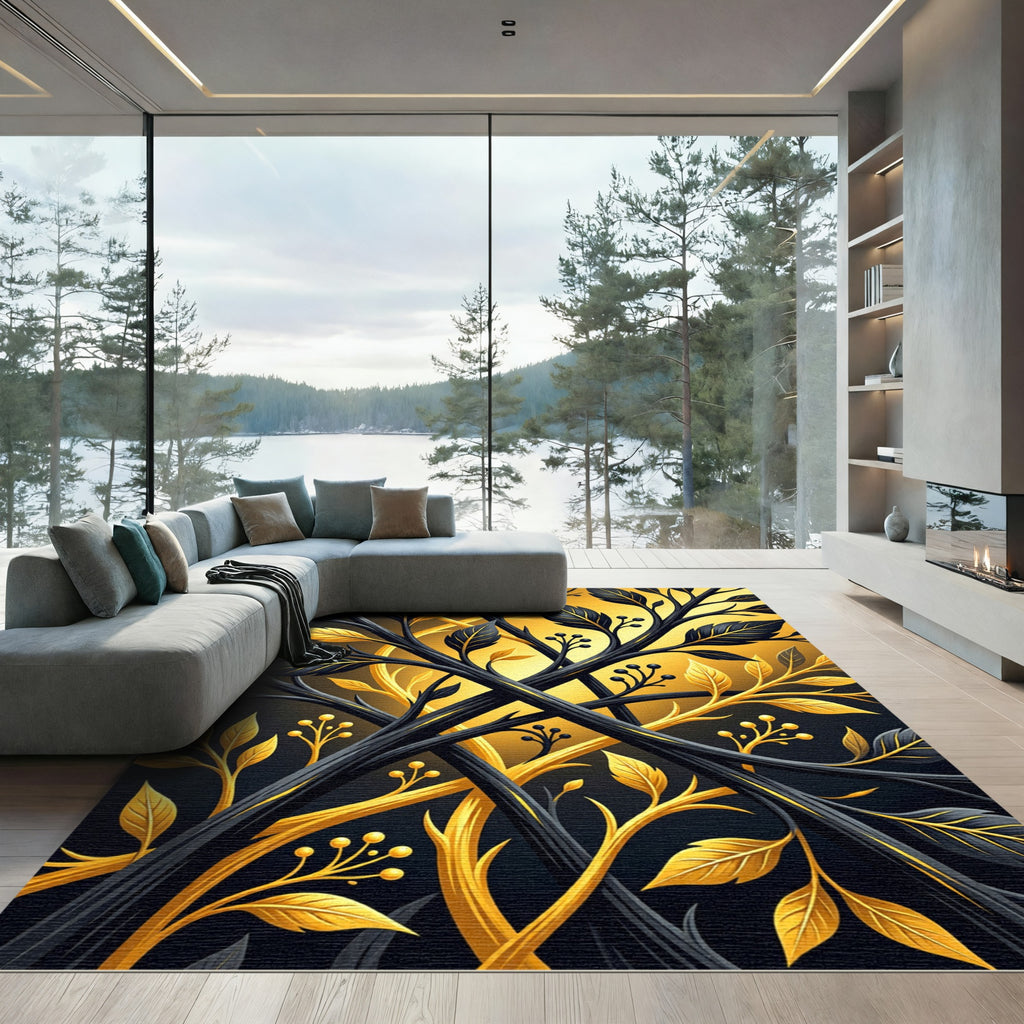 Dark Golden Branch Foliage Swirl Rug