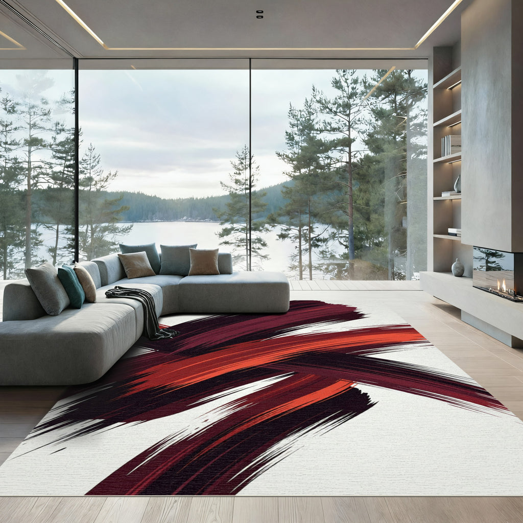 Bold Crimson Abstract Ink Brush Strokes Rug