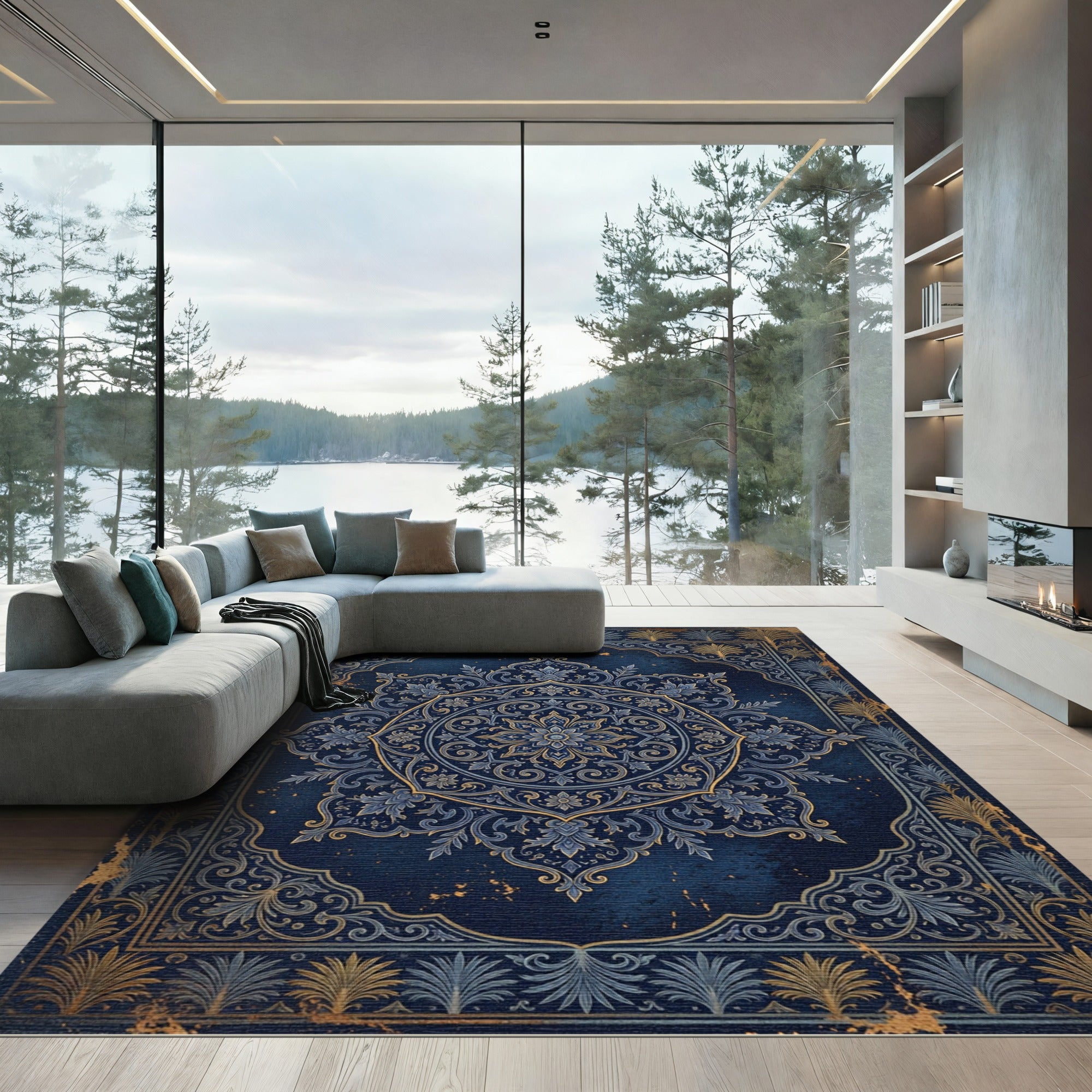 Midnight Ornate Floral Damask Medallion Rug