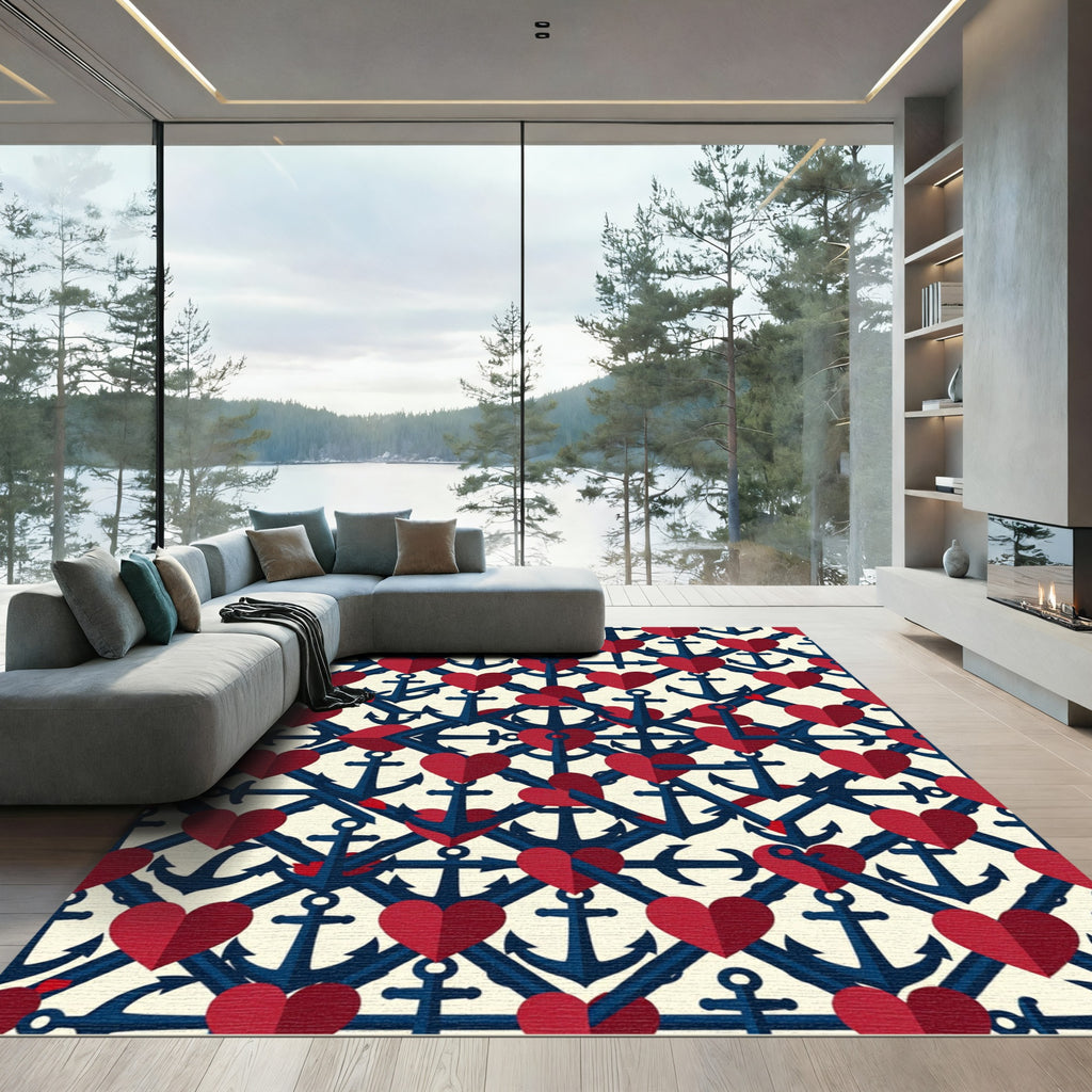 Nautical Red Hearts Anchor Lattice Rug
