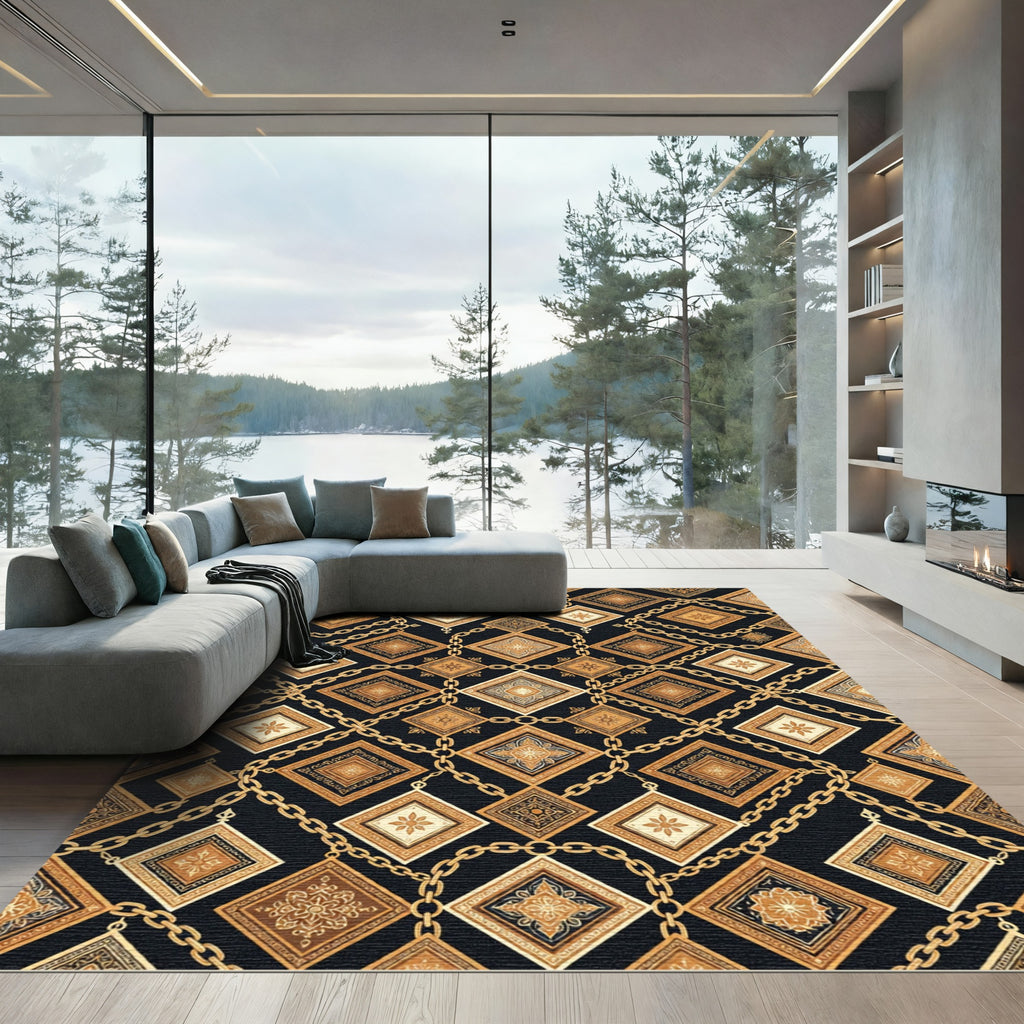 Luxury Golden Chain Geometric Square Art Rug