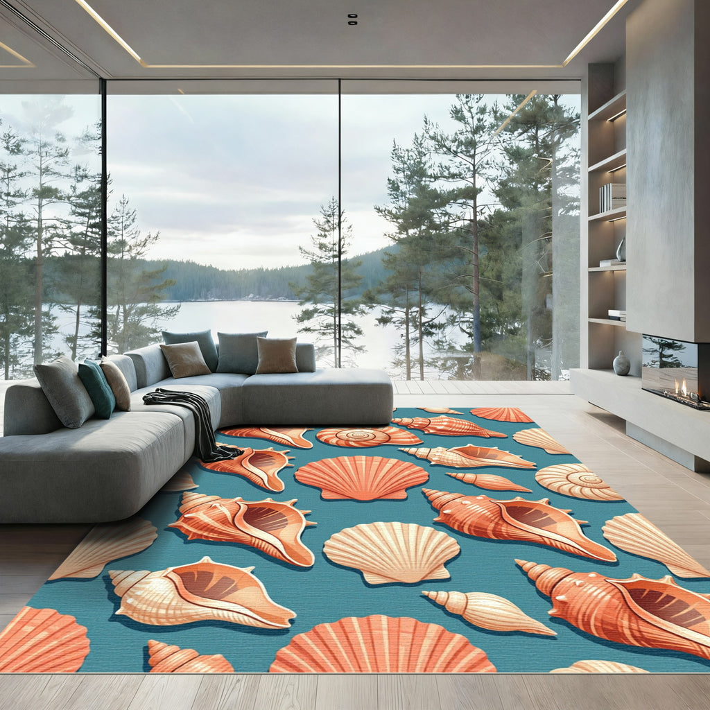Coastal Oceanic Seashell Coral blue Backdrop Rug