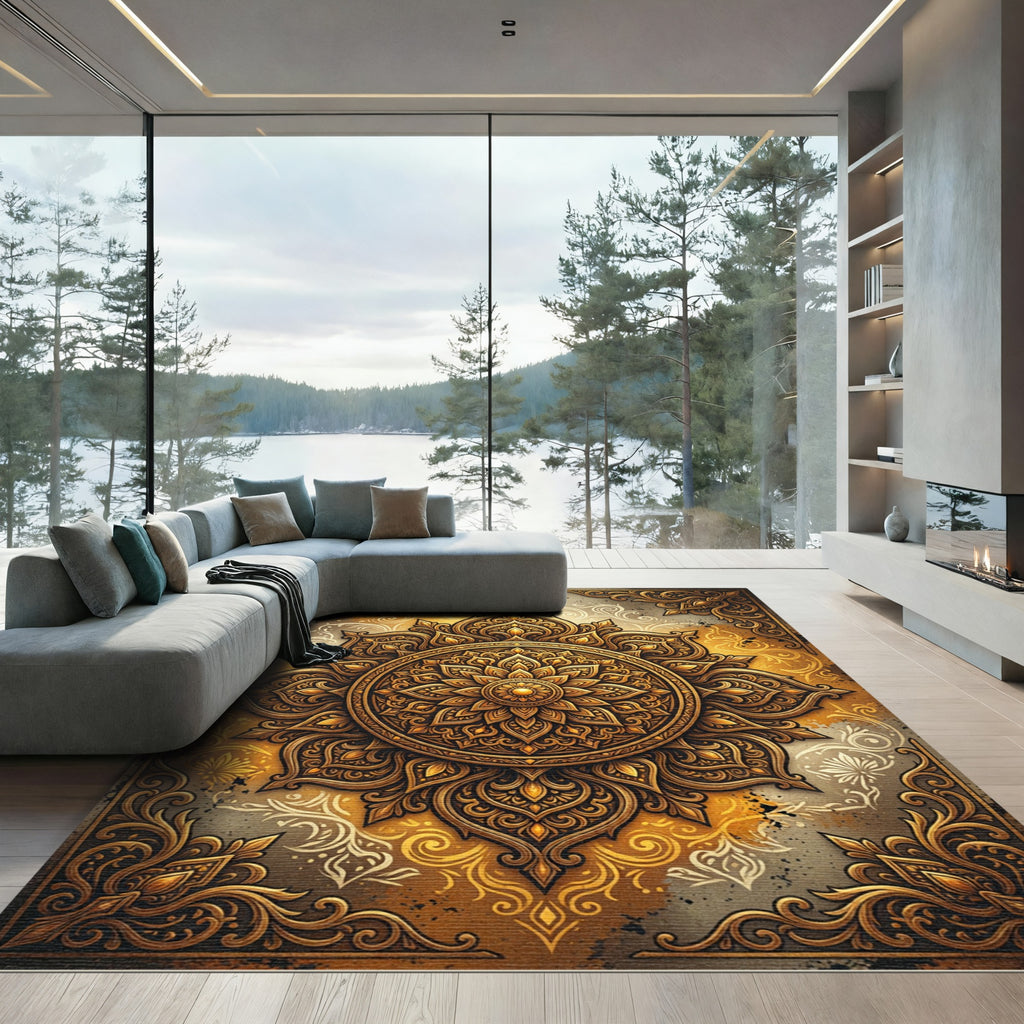Ornate Golden Floral Mandala Art Rug
