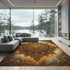 Ornate Golden Floral Mandala Art Rug
