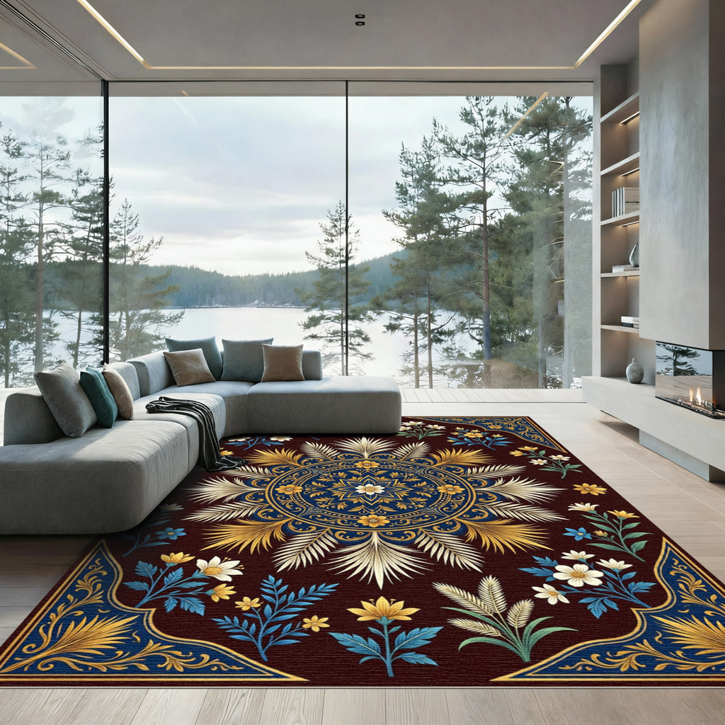 Deep Blue Golden Floral Mandala Design Rug