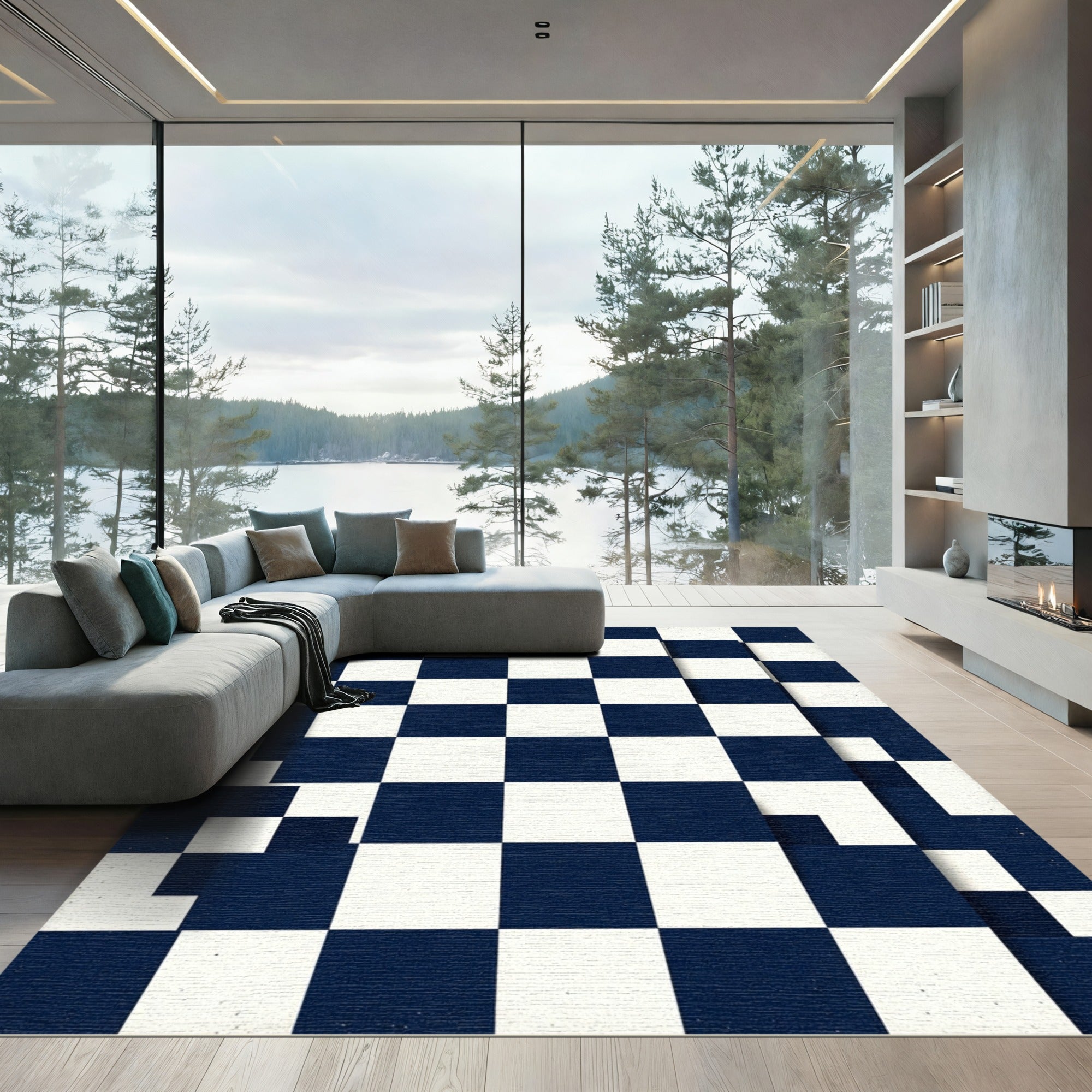 Classic Navy White Checkerboard Squares Rug